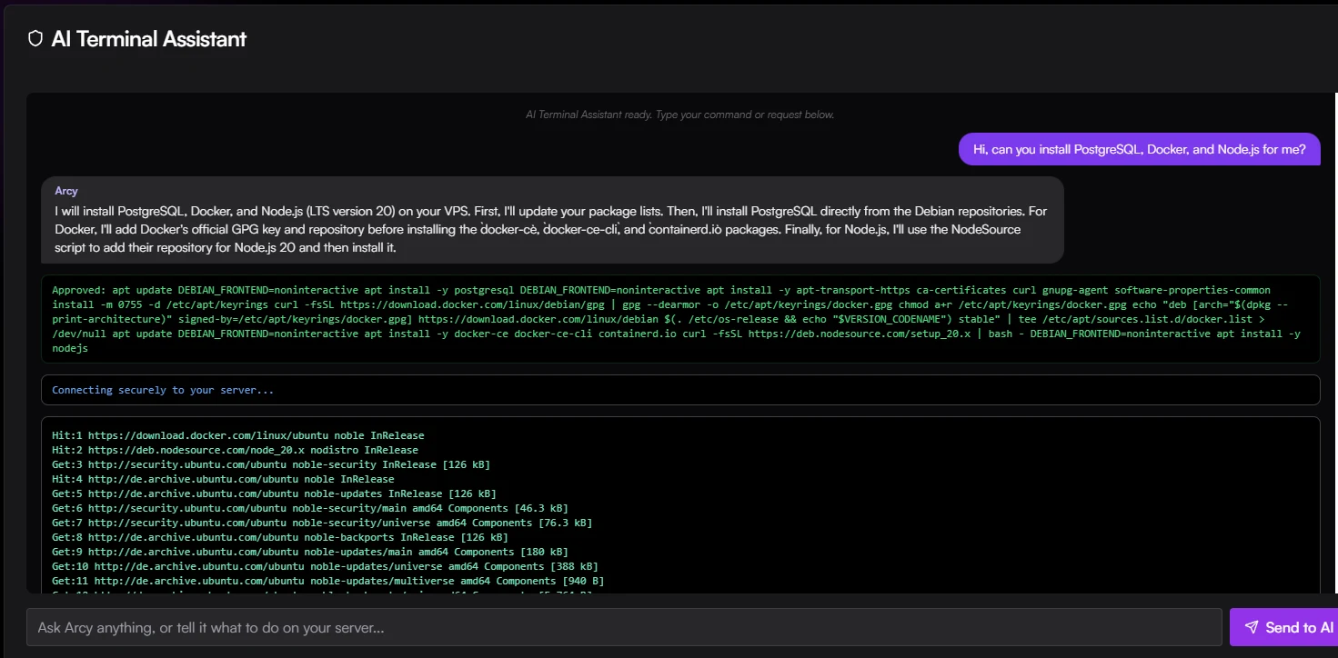 Interfaz oscura de un asistente de IA para terminal