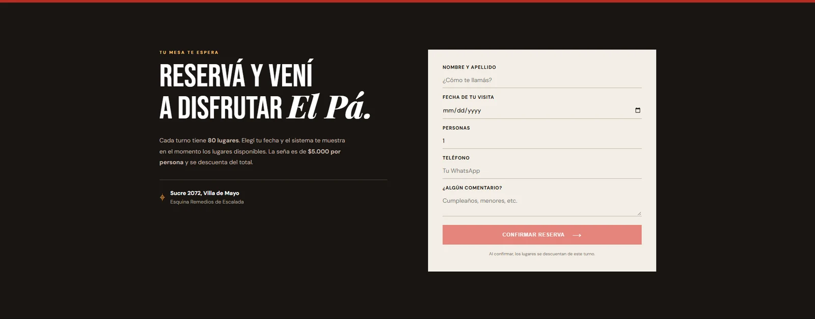 Formulario de reservas para restaurante